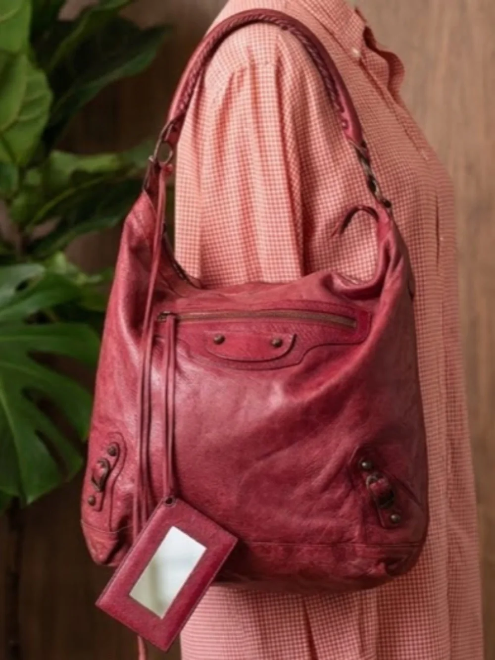 Balenciaga 06 Red Grenat Lambskin Leather Classic Day Hobo Handbag Purse Mirror